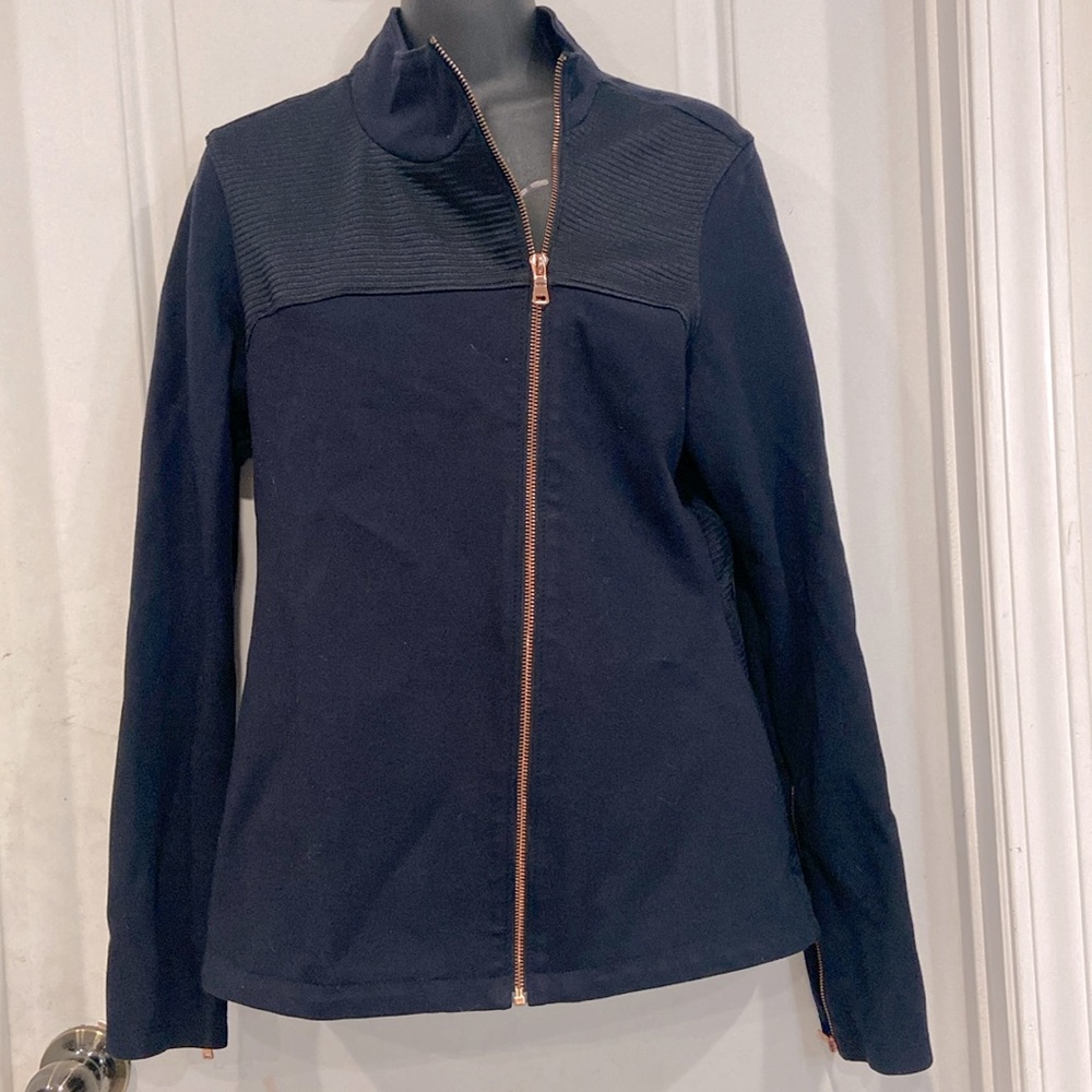 The Base black asymmetrical rose gold zipper jacket